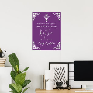 Welcome Poster Floral Cross Christening Sweet Plum