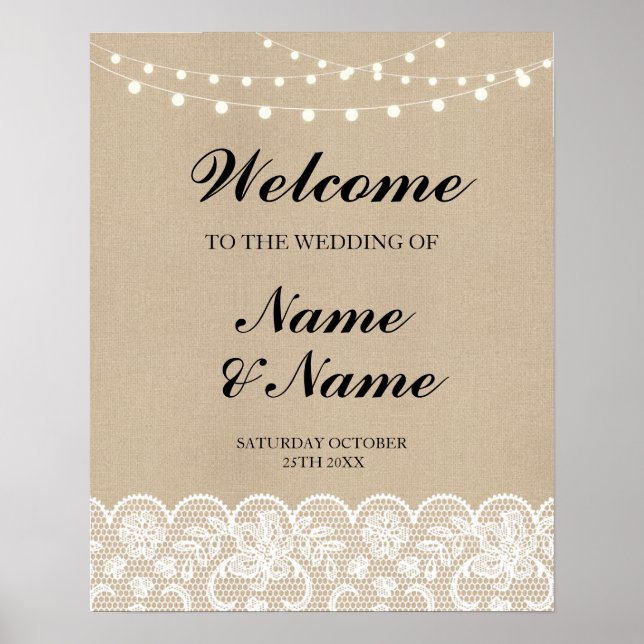 Welcome Poster Sign Wedding Lace Burlap Poster (Front)