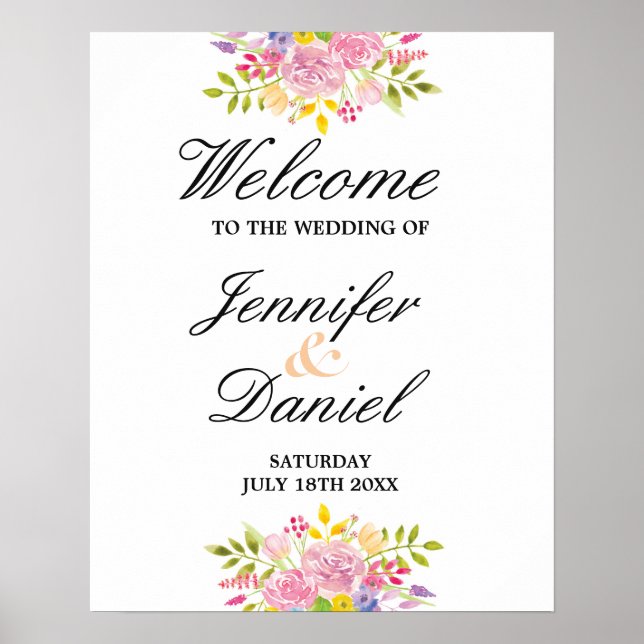 Welcome Poster Wedding Pink Floral Reception (Front)