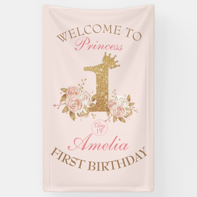 Welcome Princess 1st Birthday Party Banner (Vertical)