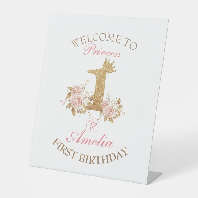 Welcome Princess 1st Birthday Party Pedestal Sign (Front)