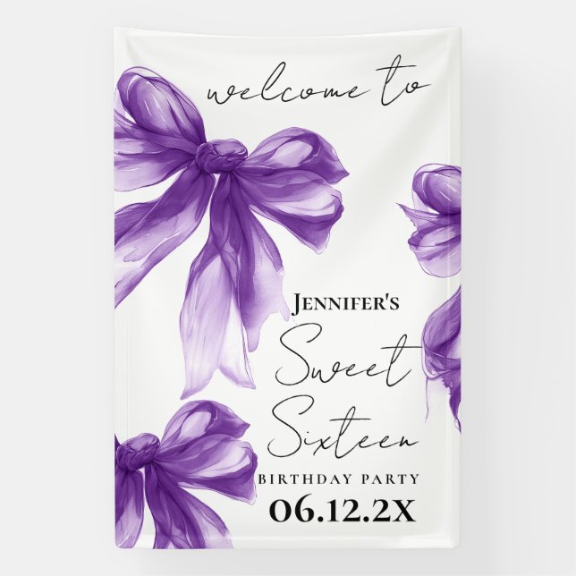 Welcome Purple Bow Coquette Script Sweet 16  Banner (Vertical)