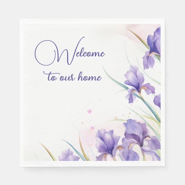Welcome Purple Iris Border Napkin (Front)
