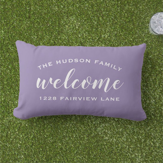 Welcome Purple Personalised Family Name Address Lumbar Cushion (Grass)
