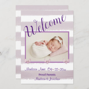 Welcome Purple Photo Script Personalise Birth Announcement