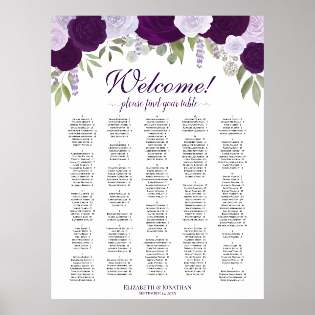 Welcome! Purple Roses Alphabetical Seating Chart (Front)