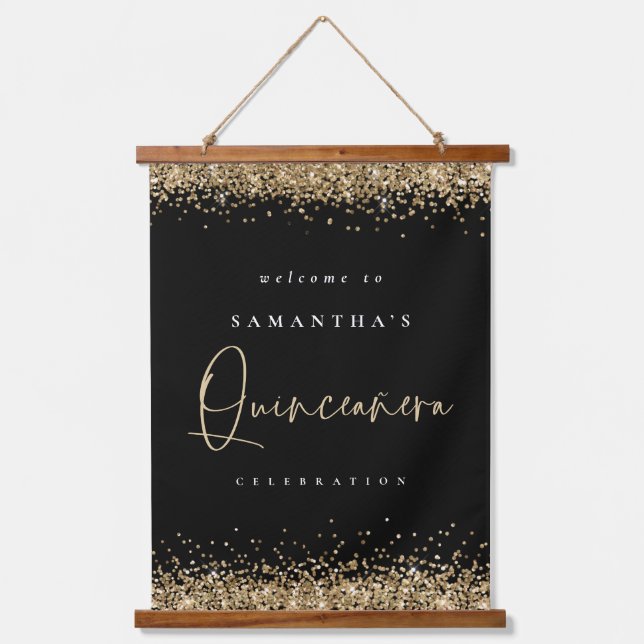 Welcome Quinceanera Gold Glitter Name Black Hanging Tapestry (Front)