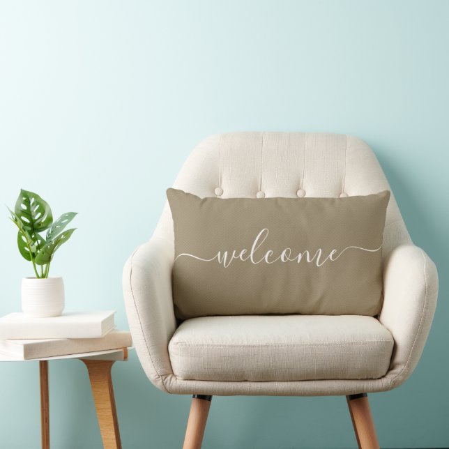 Welcome Quote Tan Chic Calligraphy Typography Lumbar Cushion (Chair)