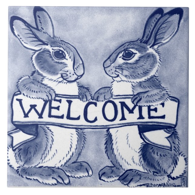 Welcome Rabbit Bunny Art Cute Blue Trivet (Front)