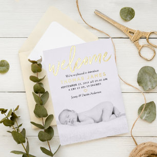"Welcome" Real Foil Photo Birth Announcement