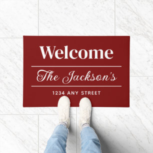 Welcome Red and White Personalised Family Name Doormat