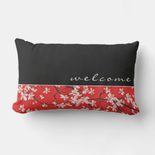Welcome   Red Black & White Cherry Blossoms Lumbar Cushion