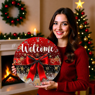 Welcome Red Bow Snowflake Large Clock