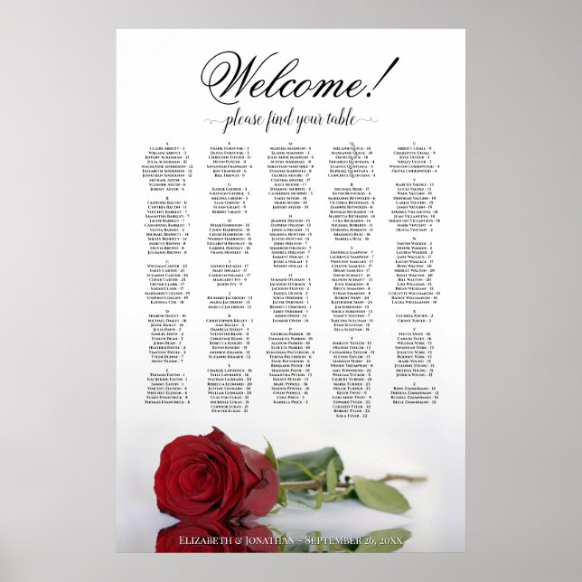 Welcome! Red Rose Alphabetical Seating Chart (Front)