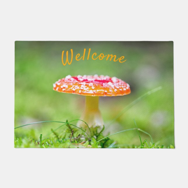 Welcome red toadstool mushroom fall photo doormat (Front)
