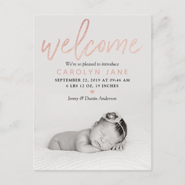 "Welcome" Rose Gold Foil Photo Birth Announcement (Front)