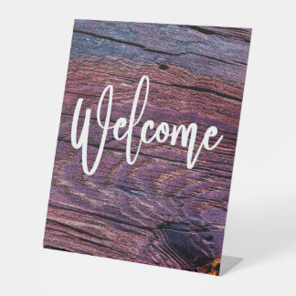 Welcome Rustic Purple Wood Vintage Pedestal Sign