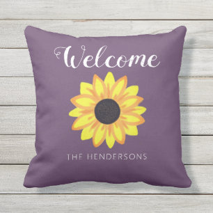 Welcome Rustic Sunflower Purple Yellow Monogram Cushion