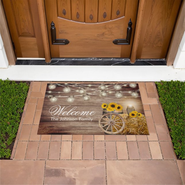 Welcome - Rustic Wood Barrel and Sunflowers Doormat (Outdoor)