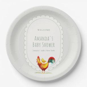 Welcome Sage Cottagecore Rooster Chick Baby Shower Paper Plate