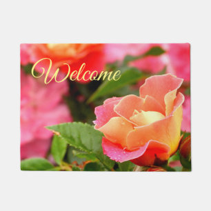 Welcome Salmon Pink and Orange Rose Bud Doormat