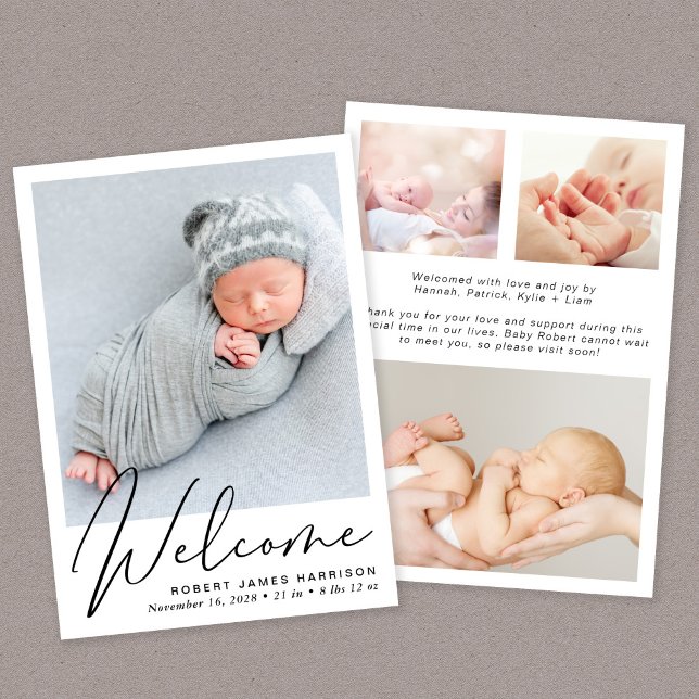 Welcome Script 4 Photo Birth Announcement (Our user-friendly template allows you to create your perfect birth announcement)
