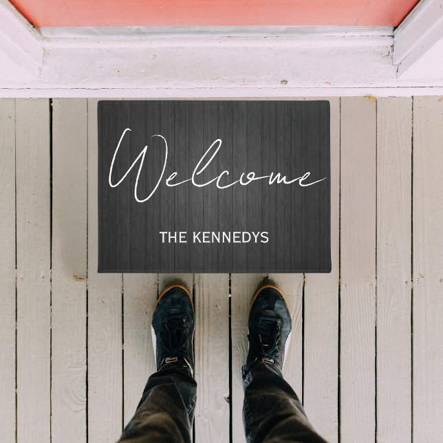 Welcome Script Black & White Custom Family Name  Doormat (Creator Uploaded)