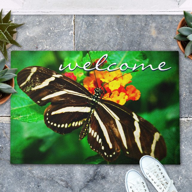 Welcome Script Black White Striped Butterfly Photo Doormat (Creator Uploaded)