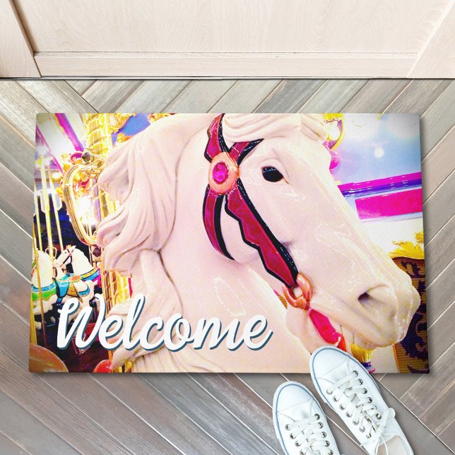 Welcome Script Bold Carnival Carousel Horse Photo Doormat (Creator Uploaded)