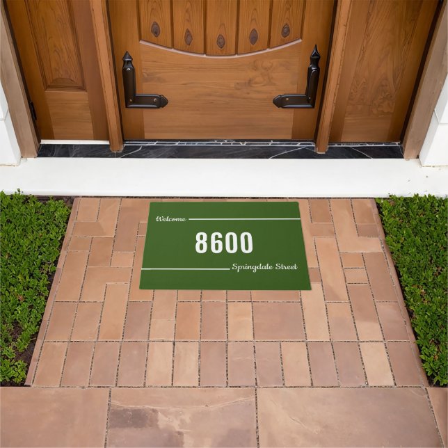 Welcome Script Forest Green White Street Address  Doormat (Outdoor)