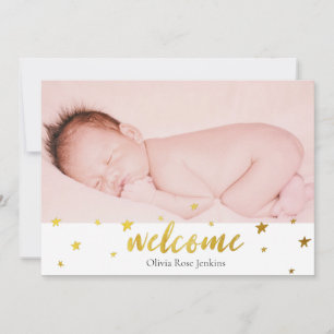 Welcome Script Gold Stars Photo Baby Girl Birth Announcement