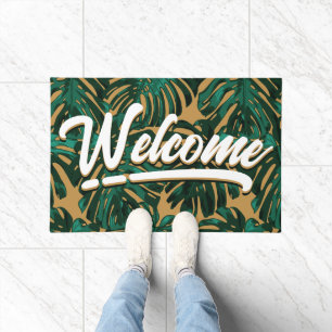 Welcome Script Green Brown Tropical Leaves Doormat
