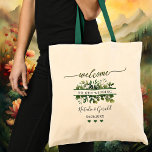 Welcome Script Greenery Wedding Tote Bag<br><div class="desc">An elegant wedding tote bag featuring a stylised green welcome script text and greenery. Beautiful for family or bridesmaids of a wedding or a garden or greenery themed event.</div>