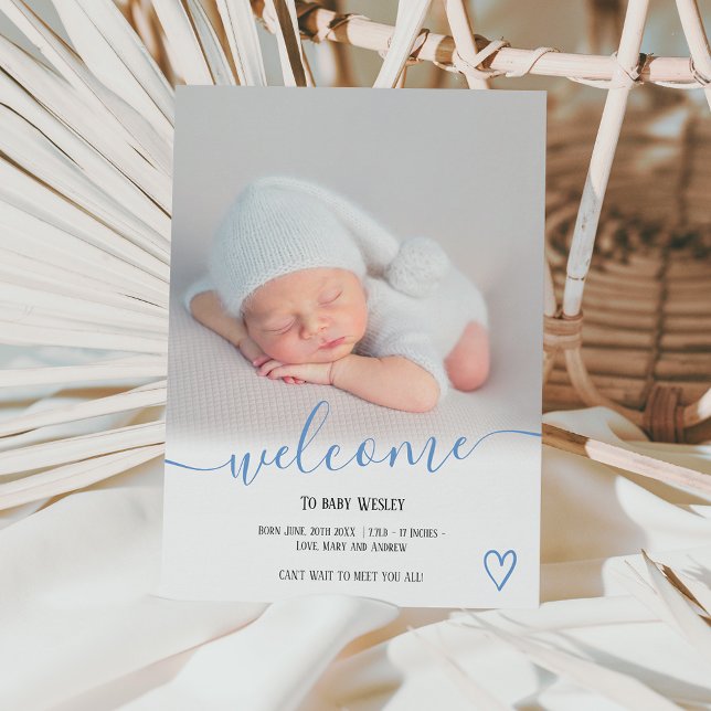 Welcome script heart photo blue boy baby birth announcement (Creator Uploaded)