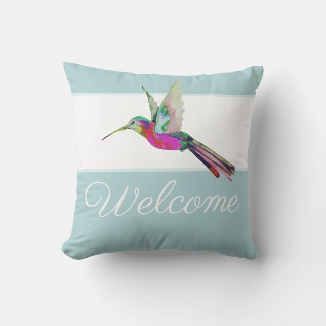Welcome Script Hummingbird Colourful Watercolor  Cushion (Front)