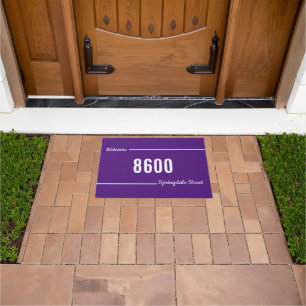 Welcome Script Royal Purple White Street Address  Doormat