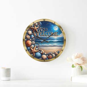 Welcome Seashell Starfish Moonlight Beach Large Clock