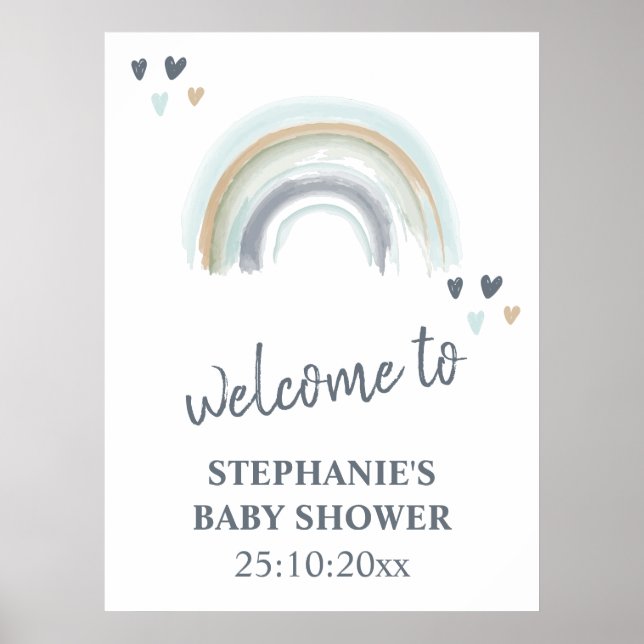 Welcome Sign Baby Shower Blue Boho Rainbow  (Front)