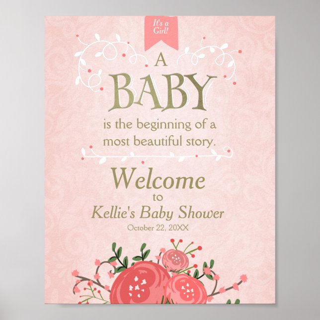 Welcome Sign baby shower Girl Pink and Gold Floral (Front)