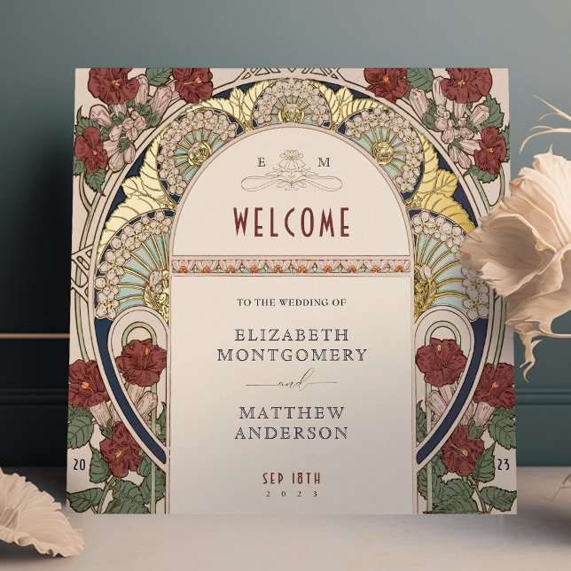 Welcome Sign Bougainvillea Burgundy Gold Wedding (Creator Uploaded)