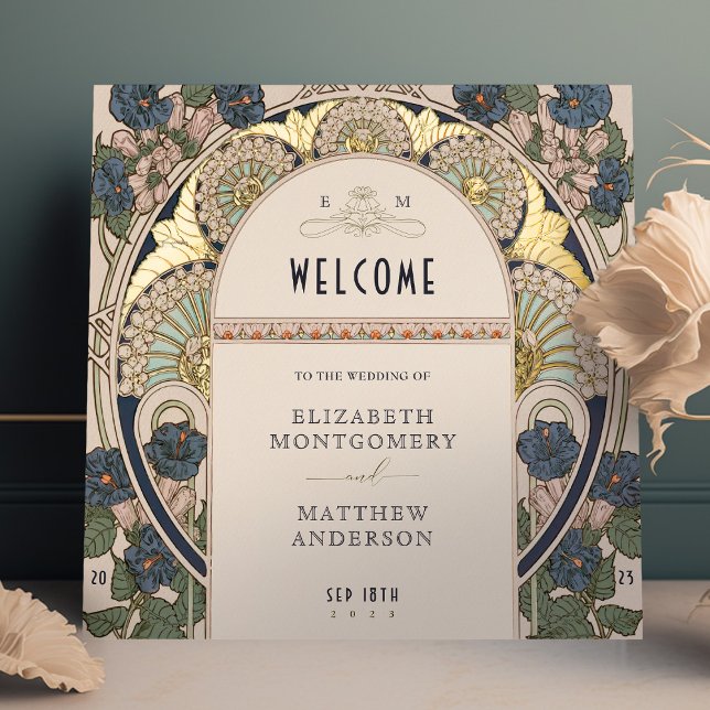 Welcome Sign Bougainvillea Navy Blue Gold Wedding (Creator Uploaded)