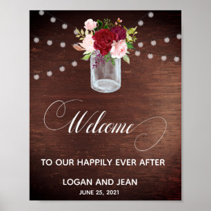 Welcome Sign Burgundy Rose Pink Floral Mason Jar