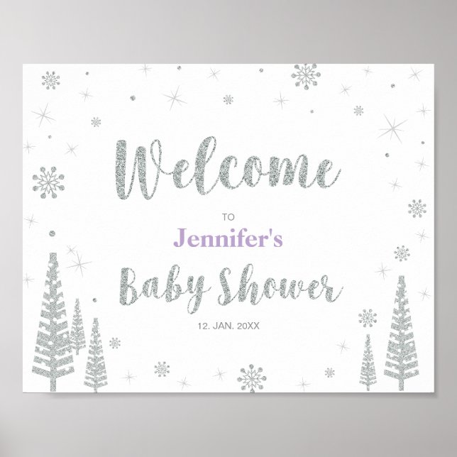 Welcome Sign for Winter Baby Shower, Girl, Purple (Front)