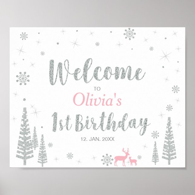 Welcome Sign for Winter Girl 1st Birthday Party (Front)
