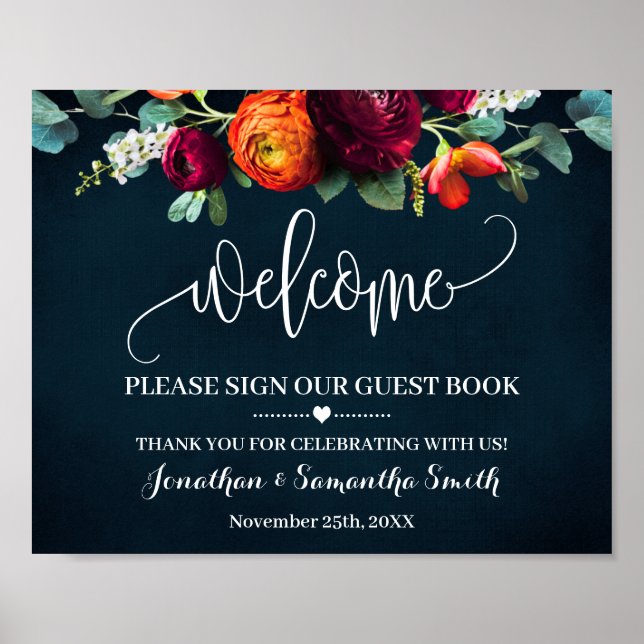 Welcome Sign our Guest Book Wine Navy Wedding (Front)