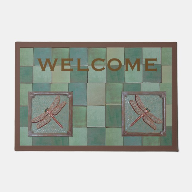  Welcome Sign with Dragonfly tiles Doormat (Front)