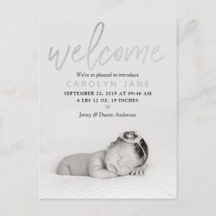 "Welcome" Silver Foil Photo Birth Announcement