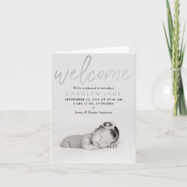 "Welcome" Silver Foil Photo Birth Announcement (Front)
