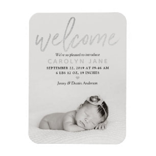 "Welcome" Silver Foil Photo Birth Announcement Magnet