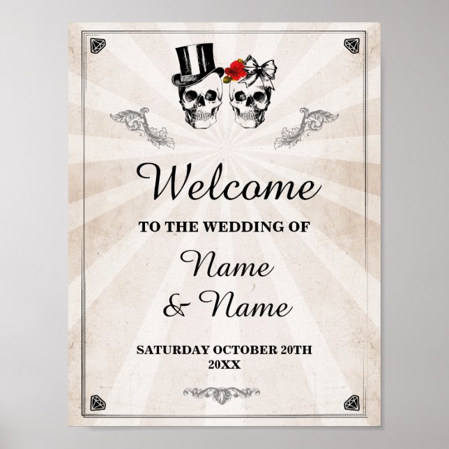 Welcome Skull Rustic Halloween Sign Wedding Roses (Front)